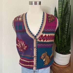 Vintage fall Squirrel Sweater Vest Ramie Cotton 90s Fall Knit small embroidered